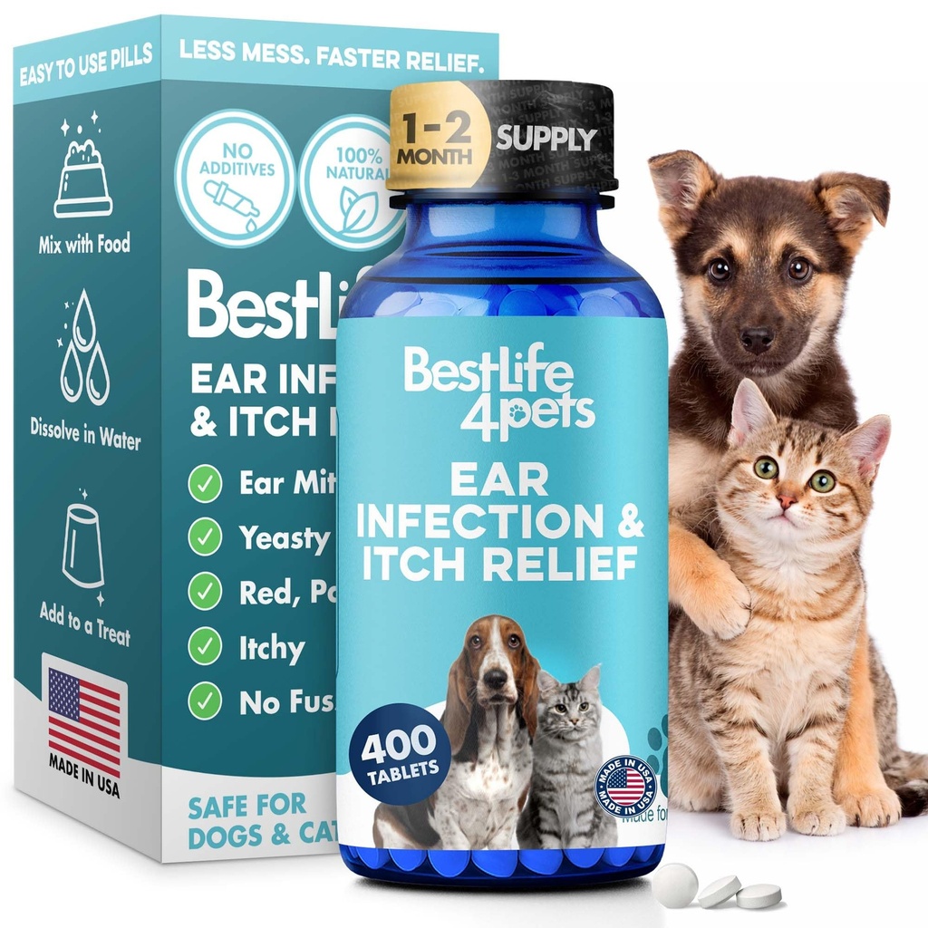 Tratamiento de Alivio de Itch y Tratamiento de Infección de Oído para Perros &amp; Gatos, Tratamiento de Oídos Naturales para Cats and Dogs Soothes Itchy Ears, Reduce la hinchazón, otitis, Dolor &amp; Inflamación, 400 Fácil de Dar Tiny Pills
