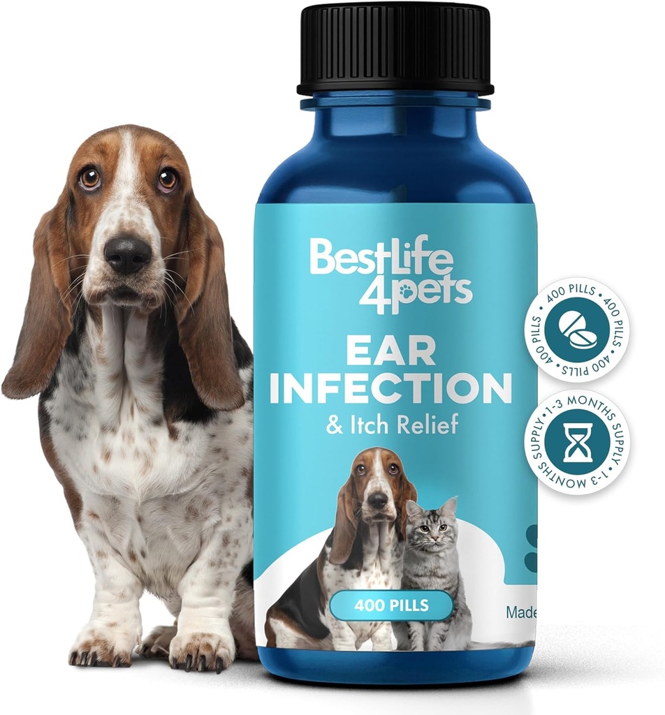Tratamiento de Alivio de Itch y Tratamiento de Infección de Oído para Perros &amp; Gatos, Tratamiento de Oídos Naturales para Cats and Dogs Soothes Itchy Ears, Reduce la hinchazón, otitis, Dolor &amp; Inflamación, 400 Fácil de Dar Tiny Pills