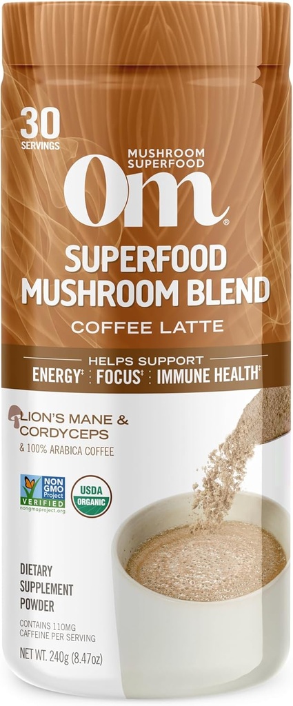 OM MUSHROOM SUPERFOOD Coffee Latte Blend Mushroom Powder, 8.47 Unce Canister, 30 Servings, Lion's Mane, Cordyceps, Reishi, Chaga, Energy & Mental Clarity Support Suplemento
