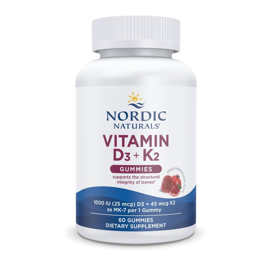 Naturales nórdicos Vitamina D3 + K2 Gummies, granada - 60 Gummies - 1000 UI Vitamina D3 + 45 mcg K2 - Gran sabor - Bone Health, promueve la función del músculo saludable - No GMO - 60 Servimientos