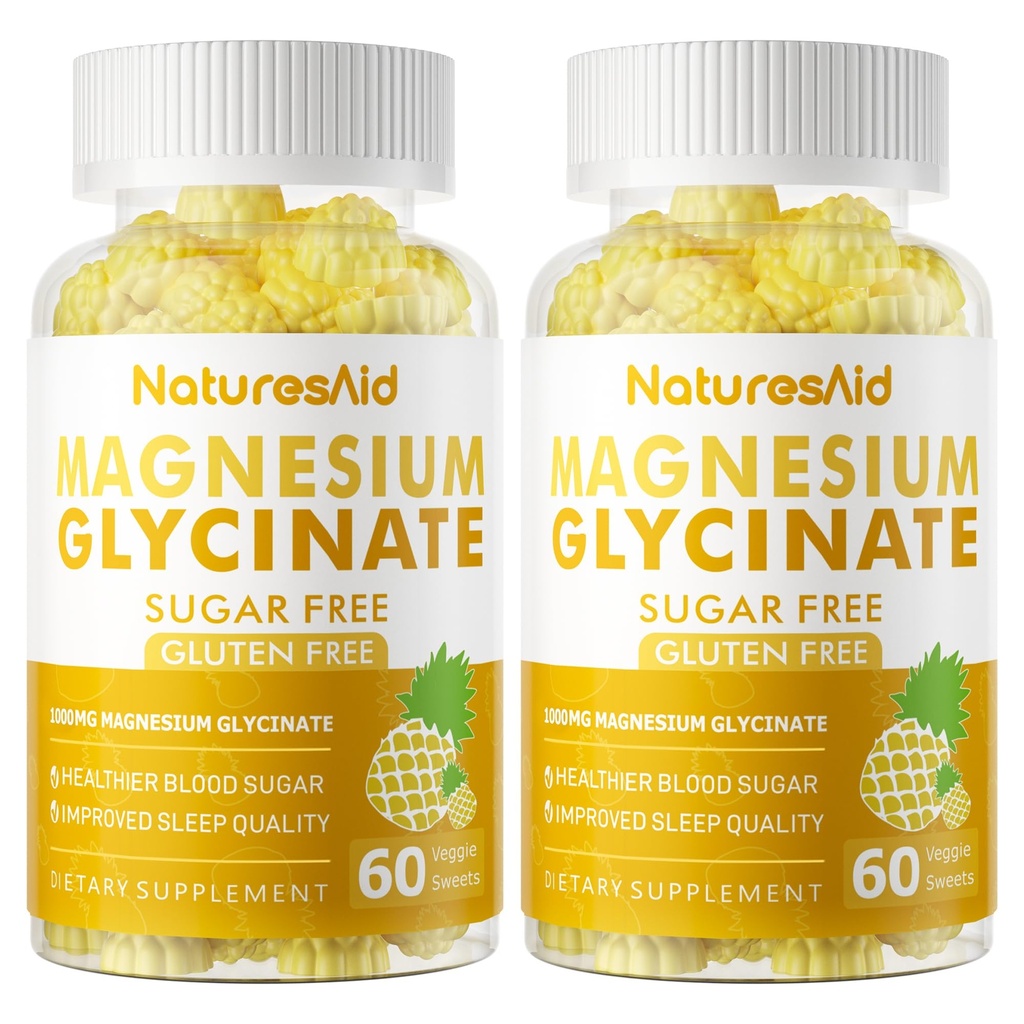 Magnesio Glycinate Gummies 1000mg - Suplemento de Potasio de Magnesio Libre de Azúcar con Vitamina D, B6, CoQ10 para calma Mood &amp; Sleep Support - 120 Pineapple Gummies -2 Pack