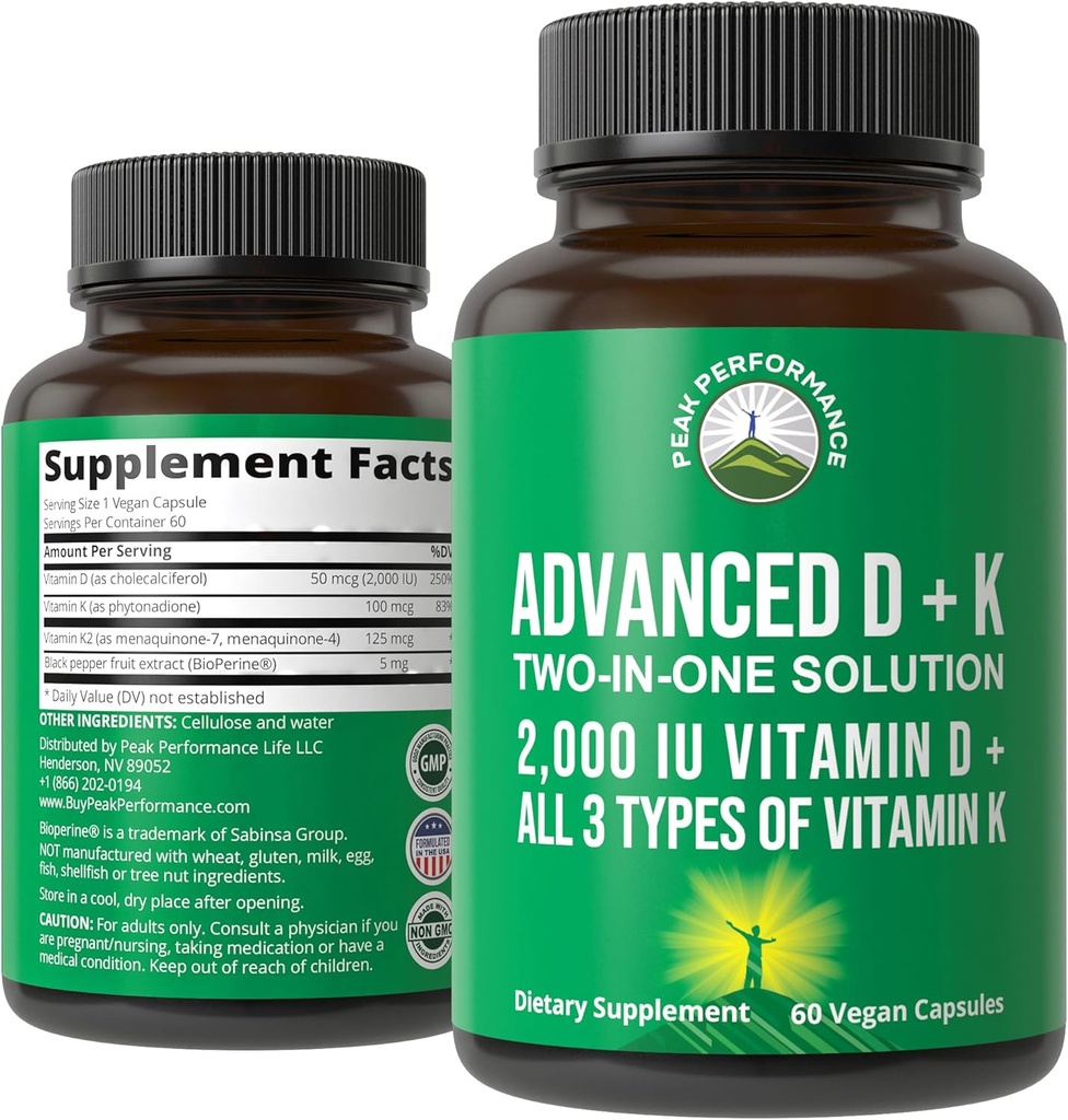 Rendimiento del pico Vitamina avanzada D 2000 UI con todos los 3 tipos de vitamina K Vitamina D3 y vitamina K2, K1, MK-7 (MK7), MK4 Suplementos. 60 pequeñas y fáciles de transportar píldoras vegetales (2000 UI)