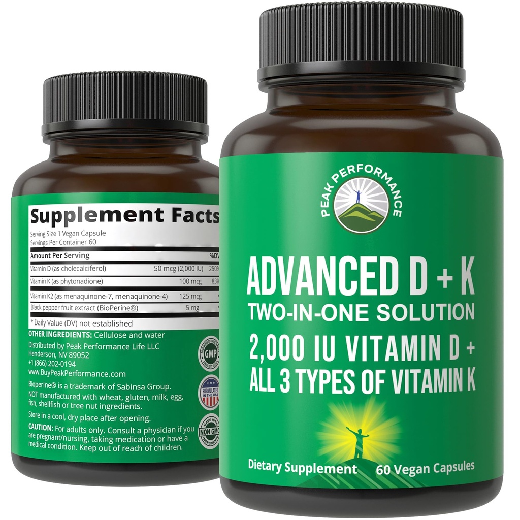 Rendimiento del pico Vitamina avanzada D 2000 UI con todos los 3 tipos de vitamina K Vitamina D3 y vitamina K2, K1, MK-7 (MK7), MK4 Suplementos. 60 pequeñas y fáciles de transportar píldoras vegetales (2000 UI)