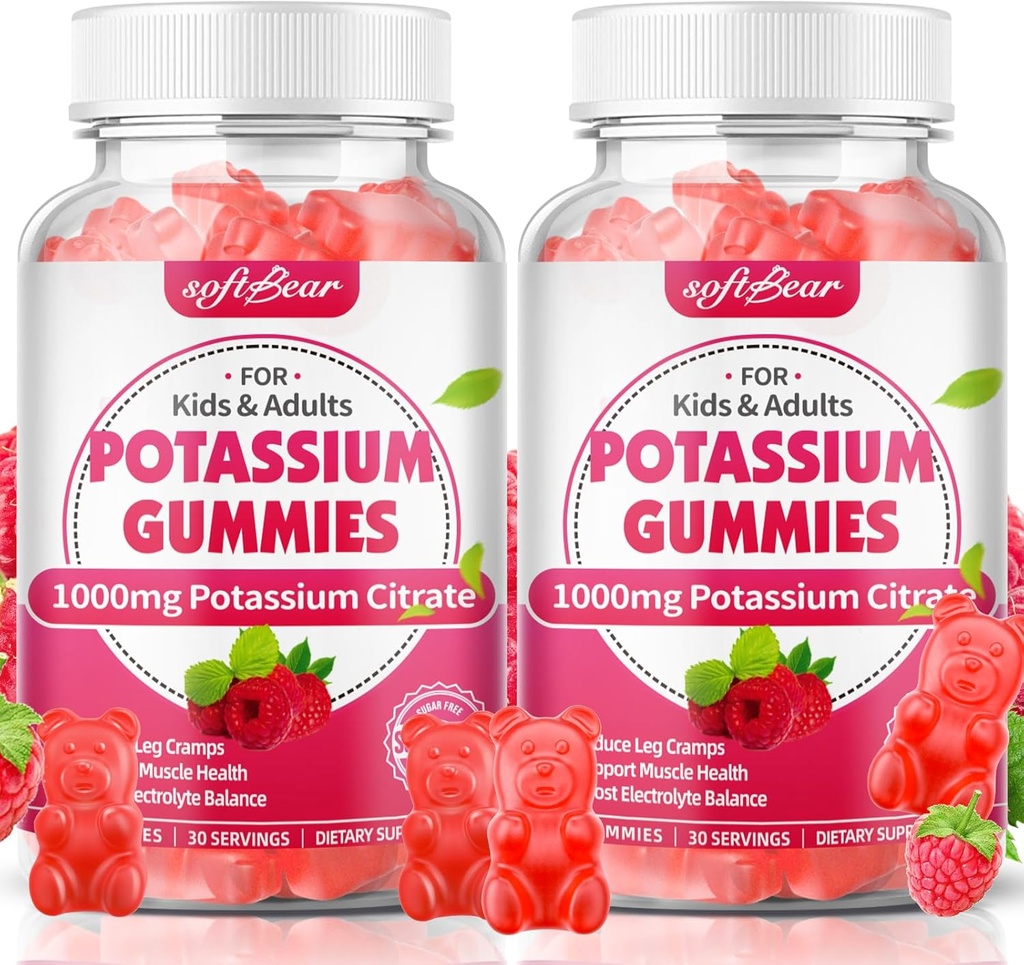 softbear Potasio Citrate 1000mg Gummies – High Absorption Potassium Gummies for Muscle Support &amp; Electrolyte Balance – Potassium Supplement for Women &amp; Adults, Vegan, Raspberry Flavor (120 Conteo)