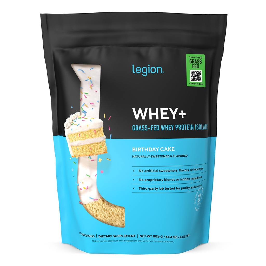 LEGION Whey+ Protein Whey Isolate from Grass Fed Cows (Birthday Cake, 60 Servings) - Whey Protein Isolate Powder Low Calorie, Non-GMO, Sugar Free, Lactose and Gluten Free, All Natural Protein Powder