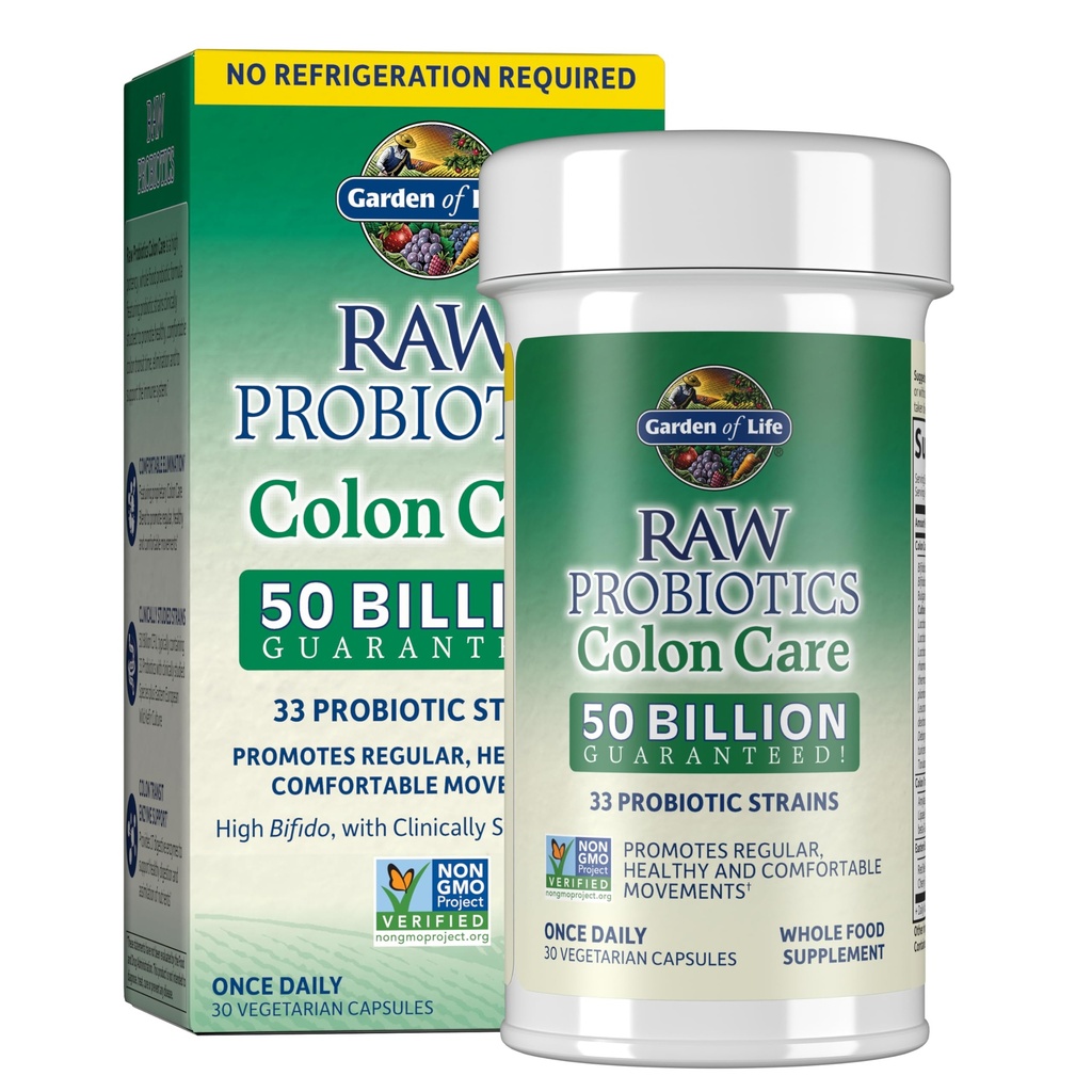 Garden of Life Probiotics for Women and Men - Raw Probiotics Colon Care 50 Billion CFU and Enzymes, Shelf Stable Once Daily Acidophilus Probiotic for Regularity and Immune Health Support, 30 Capsules
