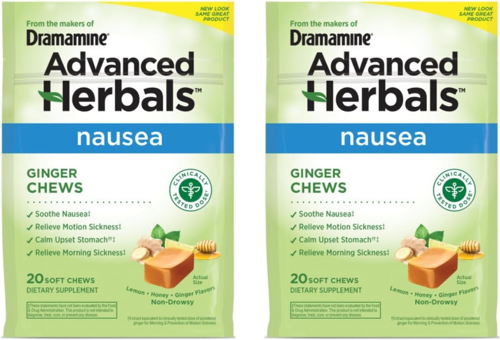 Dramamine Ginger Chews, Ayuda con Nausea, Lemon Honey Ginger Flavor, 20 Soft Chews (Pack of 2)