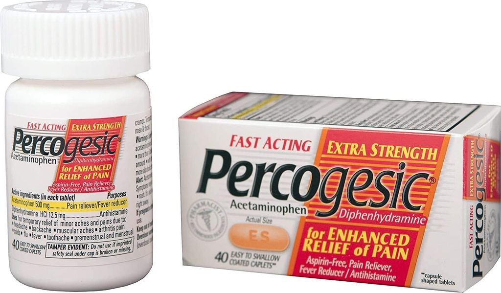 Percogesic Extra Strength Pain Relief ← Aspirin Free Dual Action Relief ← 40 Coated Caplets (6 Pack)