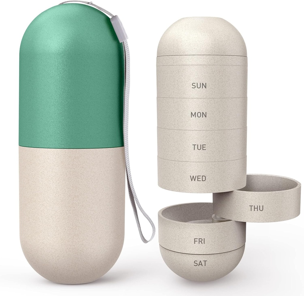 Zannaki Actualización Gran Compartamento Grain Fiber Moisture Proof Cute Semanal Pill Organizer, Laser Carving Markings, BPA Free Travel Hiking 7 Day Pill Box Case to Hold Pills,Vitamins,Fish Oil,Supplements