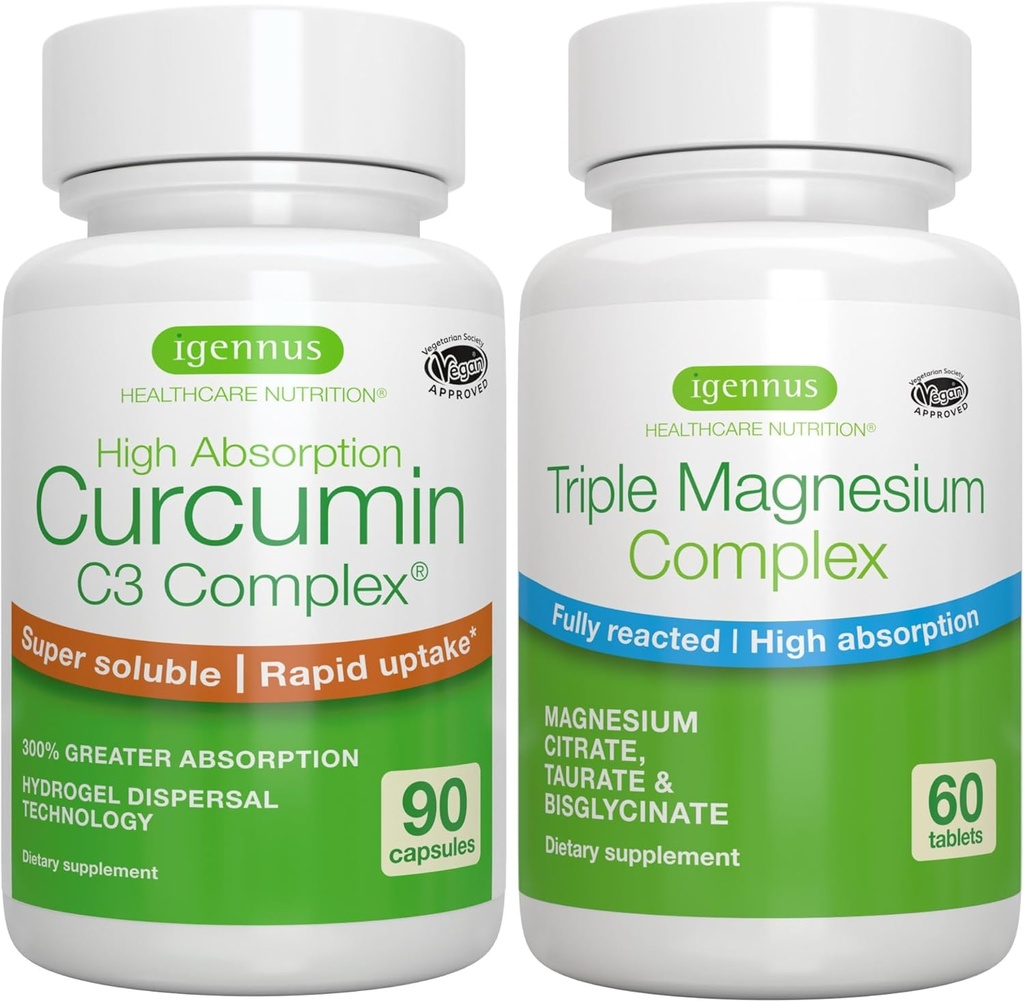 Complejo de Magnesio Triple + Complejo de Curcumina de Alta Absorción C3, Bundle Vegan, Alta Absorción Glycinate Chelated, Taurate & Citrate Magnesium + 300% Gran Absorción Curcuminoides con flexión rápida,