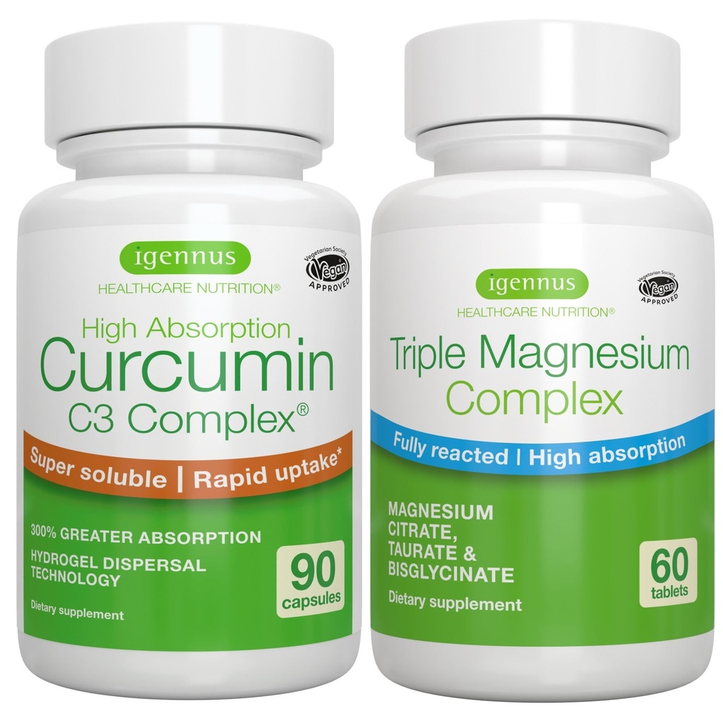 Complejo de Magnesio Triple + Complejo de Curcumina de Alta Absorción C3, Bundle Vegan, Alta Absorción Glycinate Chelated, Taurate & Citrate Magnesium + 300% Gran Absorción Curcuminoides con flexión rápida,