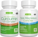 Complejo de Magnesio Triple + Complejo de Curcumina de Alta Absorción C3, Bundle Vegan, Alta Absorción Glycinate Chelated, Taurate & Citrate Magnesium + 300% Gran Absorción Curcuminoides con flexión rápida,