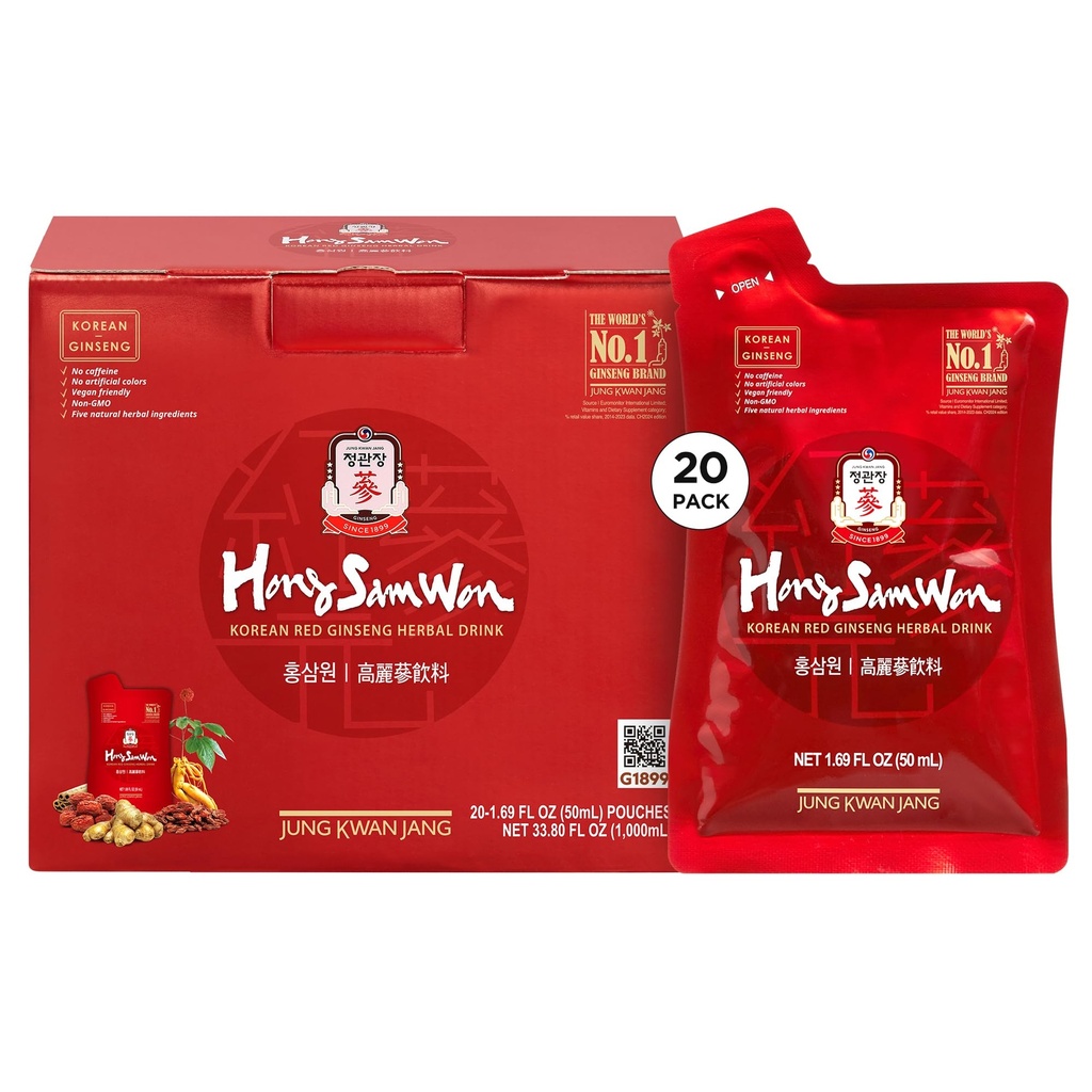 HongSamWon Korean Red Ginseng Drink ¦ Energy Drink, Pre Workout, Herbal Tea, Ginseng Supplement  Korean Red Ginseng Extract, Jujube, Ginger, Cinnamon, Goji Berry ← Vegan Friendly ← 20 Count