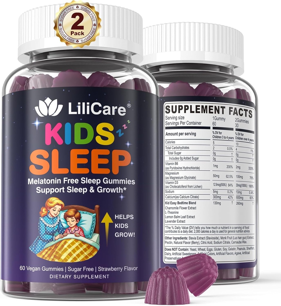 Kids Sleep Gummies - Magnesium Glycinate Gummies, Melatonin Free Sleep Aid | Magnesium, Calcium, D3, B6, L Theanine | Kid Melatonin Alternative for Restful Sleep (Pack of 2)