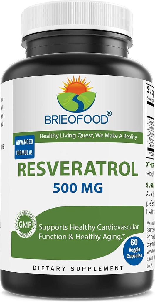 Brieofood Resveratrol 500mg - Suplemento Antioxidante Natural para la salud del sistema cardiovascular e inmunológico - 60 cápsulas vegetales