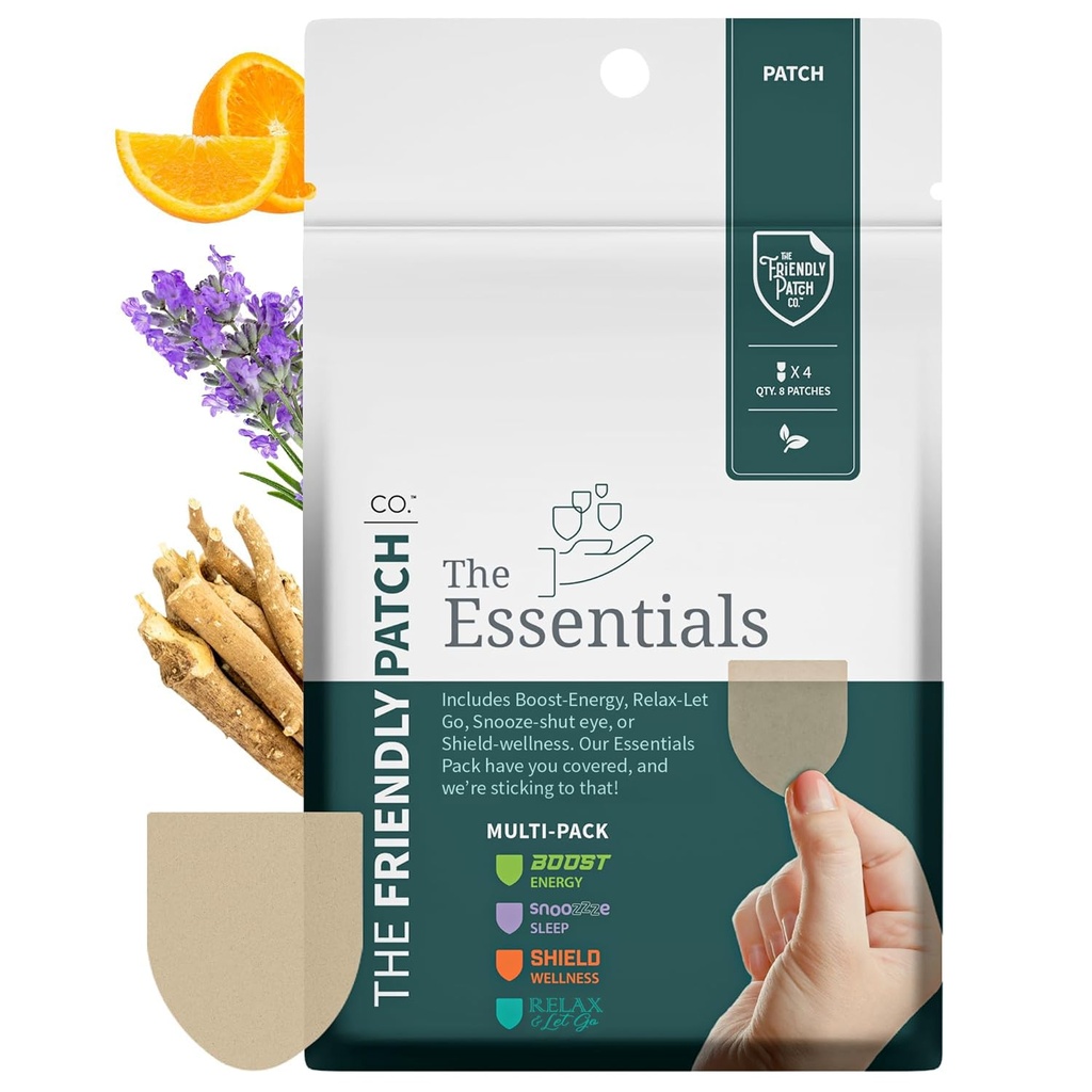 El Friendly Patch Travel Essentials Multi-Pack incluye 8 Patches: Snooze Sleep Patches, Ashwagandha calma Patches, Boost Energy Patch, y Patches Shield para dormir, relajarse y energía.