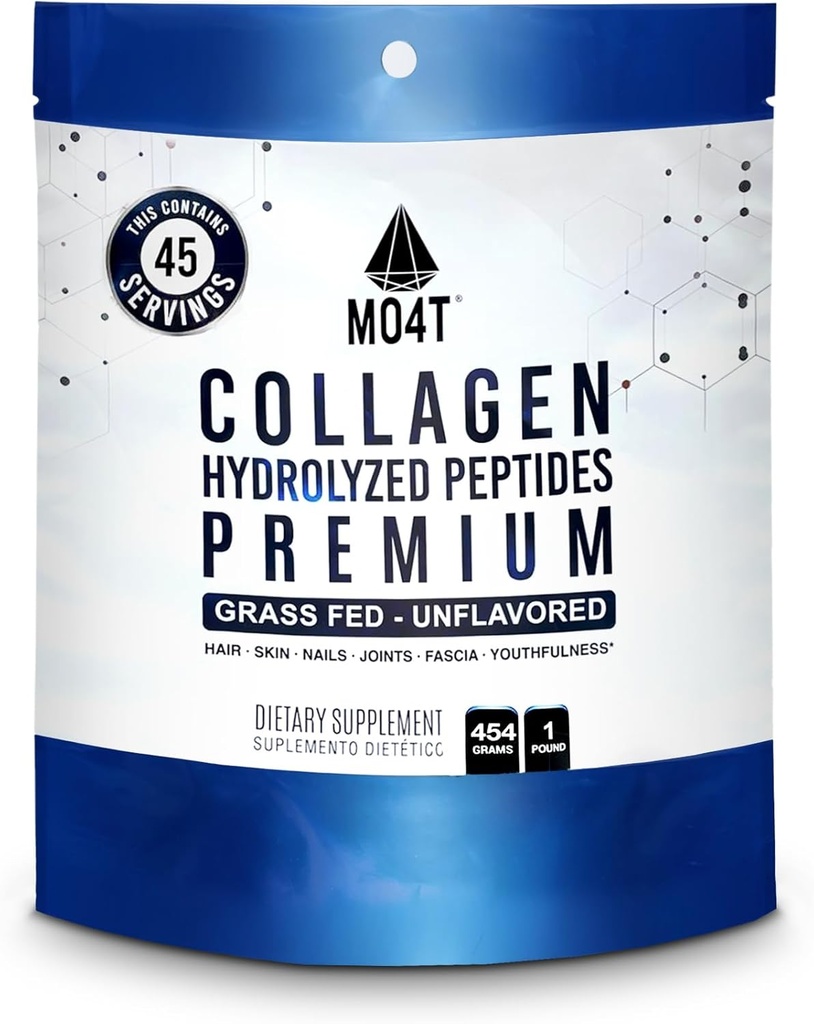MO4T Collagen Peptides- Collagen Powder- Hydrolyzed Collagen- Grass fed - Colageno Hidrolizado -Unflavored Collagen (1 libra)