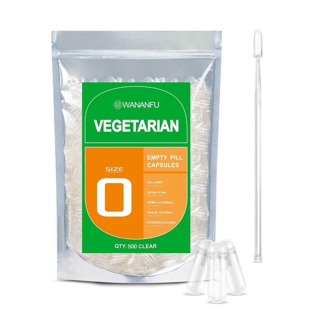 wananfu Size 0 Empty Capsules Vegetarian (500 Count) Bundle with Micro Lab Spoon, Clear Fillable Veggie Pill Capsules Size 0 for Making Your Own Supplements