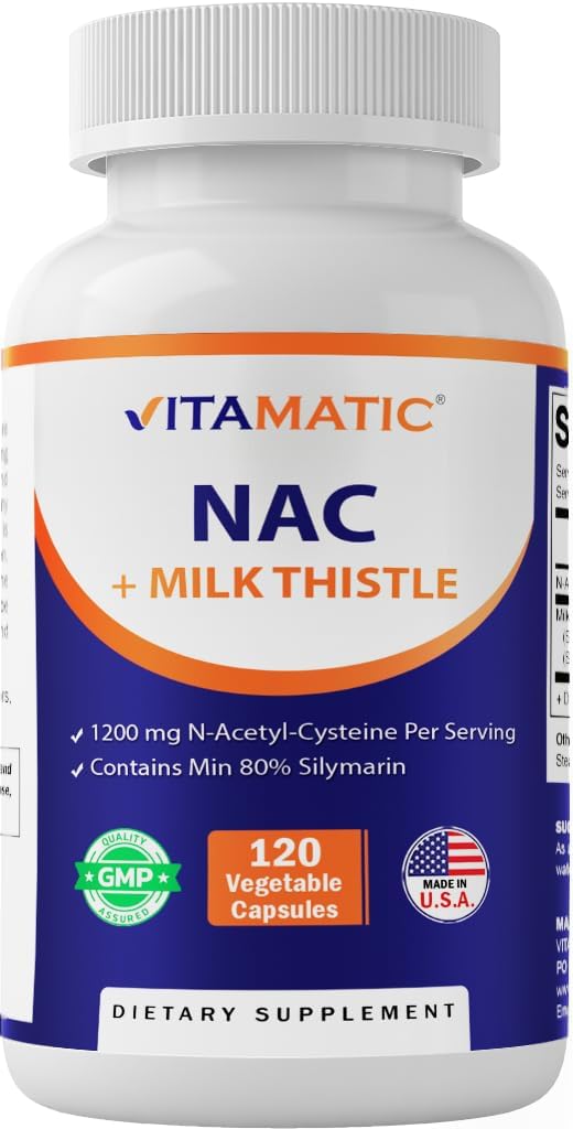 Suplemento NAC Vitamatico N-Acetyl-L-Cysteine (NAC) con esteto de leche 50:1 Extracto - Apoyo Immune, Respiratory, Liver Health, 1200 mg por Serving, 120 Veg Capsules