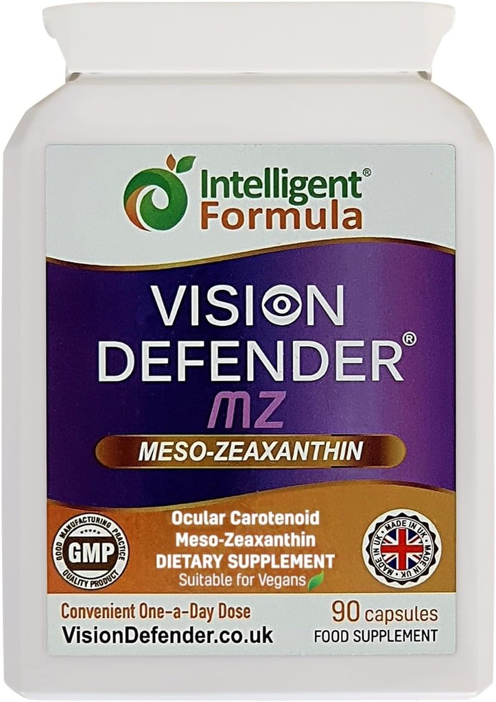 Vision Defender Meso Zeaxanthin Vegan Eye Supplement MZ- Protect and Improve Ocular Health & Eye Care, High Strength Antioxidant Carotenoid Meso-Zeaxanthin for Eyes (90 Capsules/One Daily) Made in UK