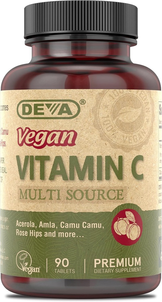 Vitaminas Veganas DEVA - Vitamina Premium de Alimentos Veganos C - Multifuente - No GMO - 90 Tabletas
