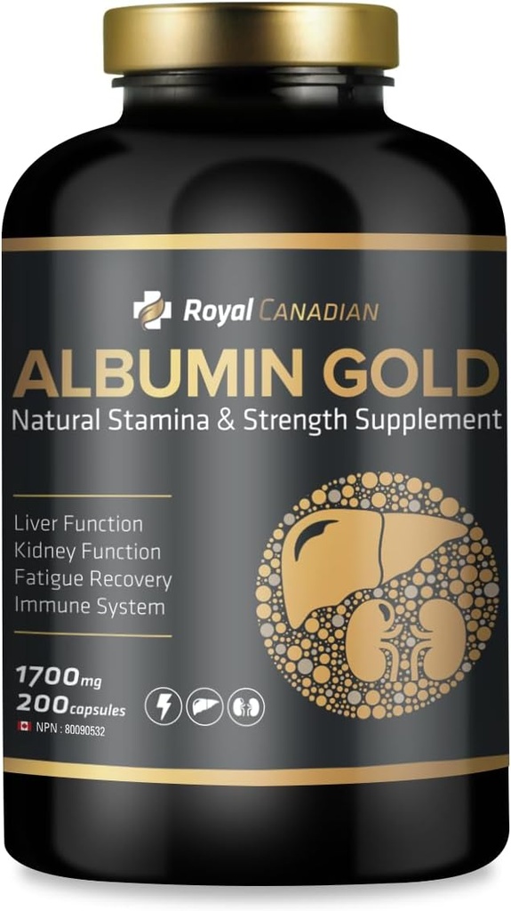 ROYAL CANADIAN Albumin Gold 1700mg TENIDO Función Liver TENIDO Función del riñón TENIDO Fatiga Recuperación ANTERIOR Sistema Immune (200 x 1700mg cápsulas)