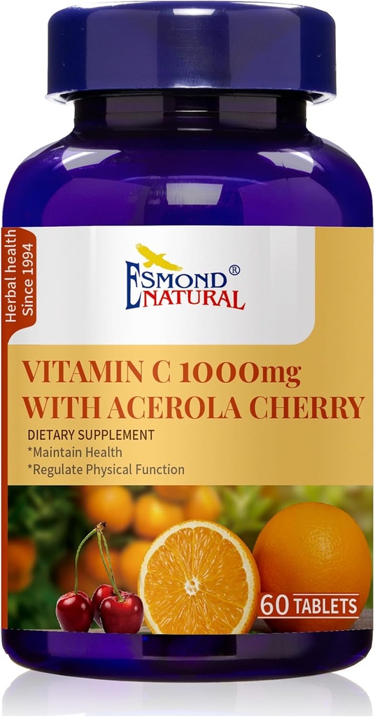 Vitamina C 1000mg con Acerola Cherry (Supports Immune System, Energy Levels, Skin Vitality), GMP, Natural Product Assn Certified, Made in USA - 1000mg, 60 Tablets