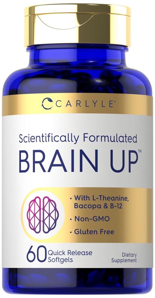Carlyle Brain Up Suplemento Silencio 60 Softgels Silencio con L-Theanine, Bacopa &amp; B-12 ← Non-GMO, Gluten Free