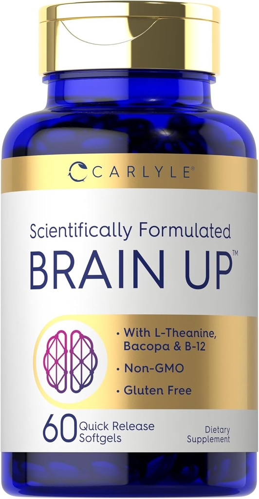 Carlyle Brain Up Suplemento Silencio 60 Softgels Silencio con L-Theanine, Bacopa &amp; B-12 ← Non-GMO, Gluten Free