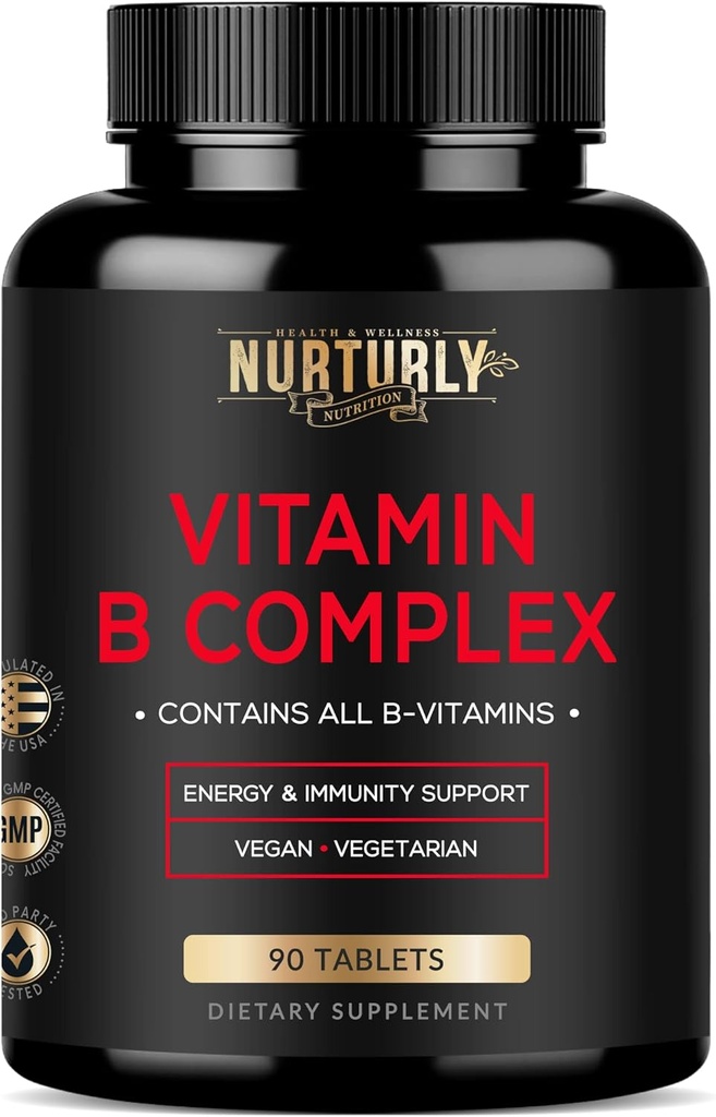 Complejo de vitamina B - Contiene todas las vitaminas B esenciales - B1, B2, B3, B5, B7, B9, B12 y Biotina - Super B Complejo de vitaminas para energía, inmunidad y soporte de orina - 90 Tabletas