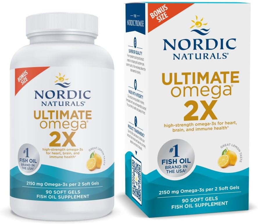 Nordic Naturals Ultimate Omega 2X, Lemon Flavor - 90 geles blandos - 2150 mg Omega- aceite de pescado de alta potencia Omega-3 con EPA & DHA - promueve la salud del cerebro y del corazón - No GMO - 45 piezas