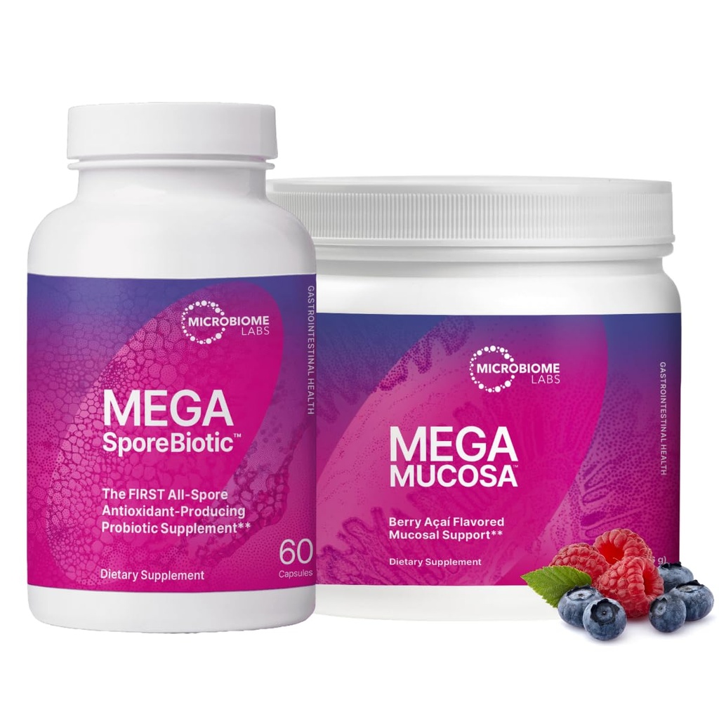 Microbiome Labs MegaSporeBiotic (60 Capsules) + MegaMucosa (5.5oz Polvo) Probiótico y Gut Mucosal Support Bundle - Probiótico de base con inmunoglobulinas, Aminoácidos Suplemento de Polvo
