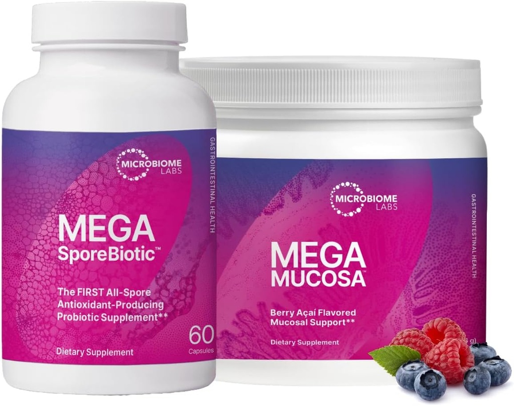 Microbiome Labs MegaSporeBiotic (60 Capsules) + MegaMucosa (5.5oz Polvo) Probiótico y Gut Mucosal Support Bundle - Probiótico de base con inmunoglobulinas, Aminoácidos Suplemento de Polvo