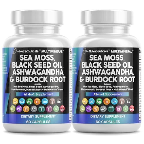 Nutracéuticos limpios Moss Mar Negro Semilla Aceite Ashwagandha Turmeric Bladderwrack Burdock & Vitamin C Vitamina D3 con Elderberry Manuka Dandelion Amarillo Dock Iodine Chlorophyll ACV - 2Pack