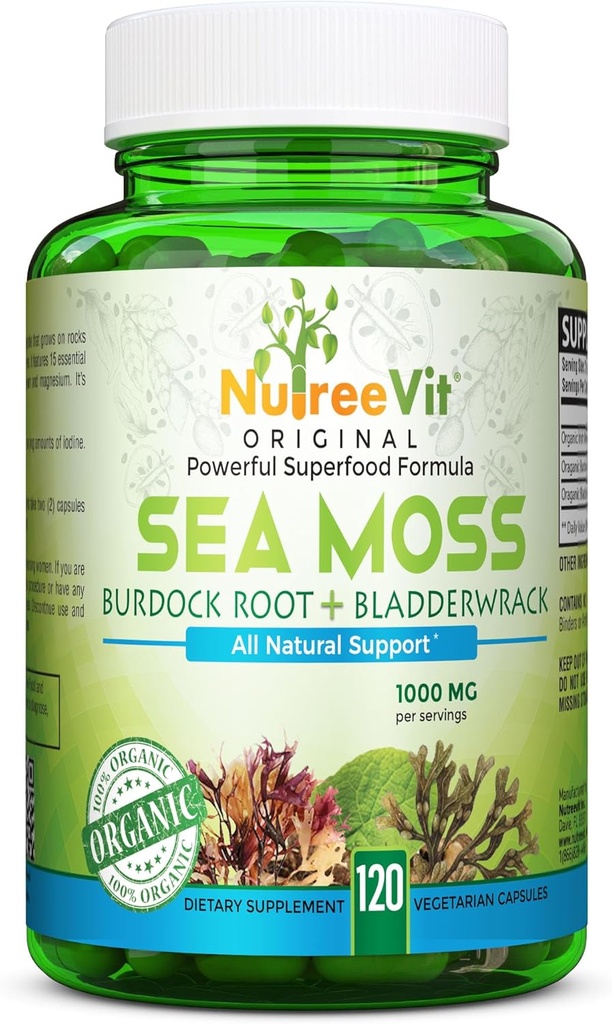 NutreeVit 100% Organic - Sea Moss + Bladderwrack + Burdock Powerful Superfood Formula (120 Capsules)