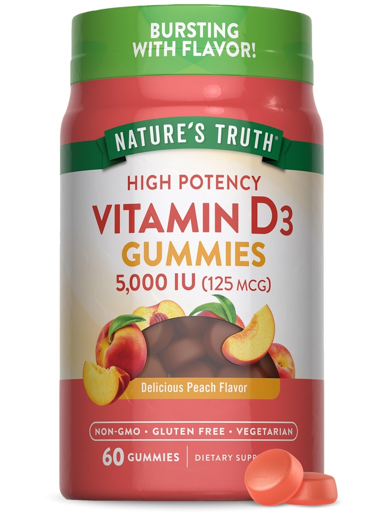Verdad de la naturaleza Vitamina D3 Gummies ← 5000 UI ← 60 Conteo Silencioso Peach Flavor Silencio Vegetariano, No-GMO &amp; Gluten Suplemento Libre