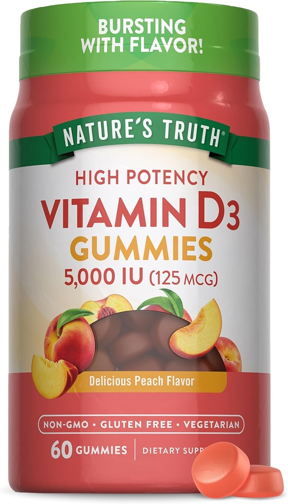 Verdad de la naturaleza Vitamina D3 Gummies ← 5000 UI ← 60 Conteo Silencioso Peach Flavor Silencio Vegetariano, No-GMO &amp; Gluten Suplemento Libre