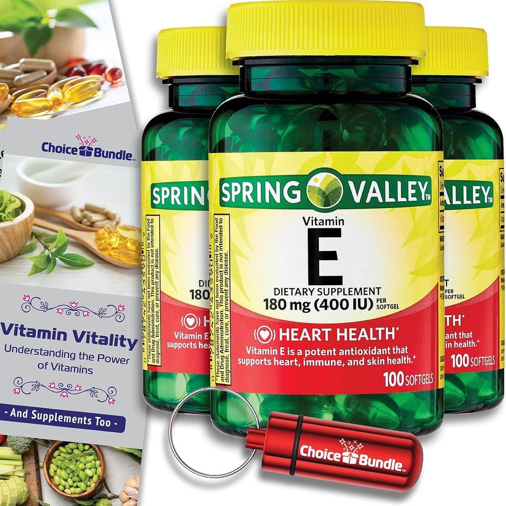 Choice Bundle Spring Valley Vitamin E Heart Health Dietary Supplement Softgels 180 mg (400 IU) 100 CT 3 pk (300 Total) + “Vitamin Vitality” Guide & Keychain Pill Container (5 Items)!