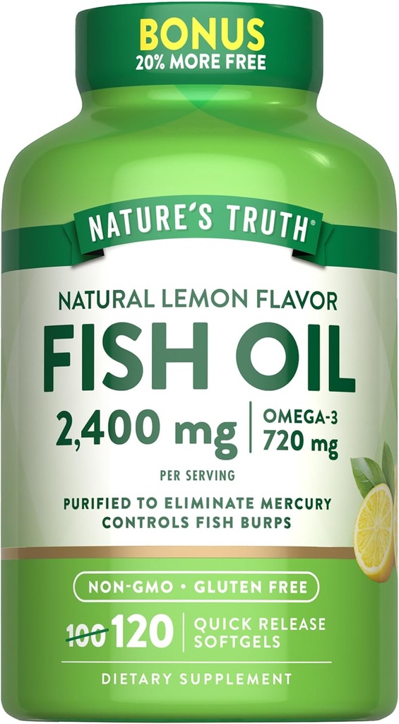 La verdad de la naturaleza Fish Oil 2400mg TEN 120 Quick Release Softgels TEN 720 mg Omega 3 Silencioso Burpless Lemon Flavor Pills ANTE Non-GMO &amp; Gluten Free Supplement