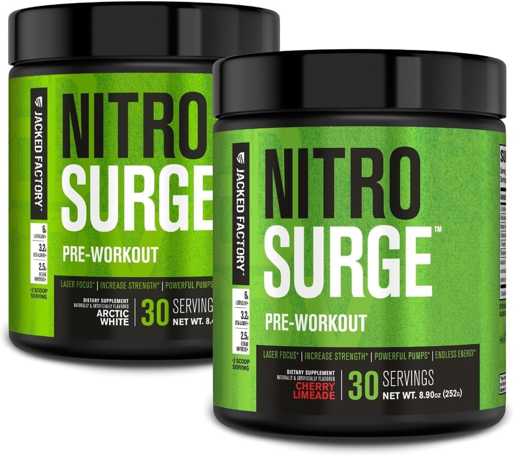 Jacked Factory NITROSURGE Pre Workout Supplement for Energy, Instant Strength Gains, Clear Focus, & Intense Pumps (Arctic White, 30 Servings & Cherry Limeade, 30 Servings)