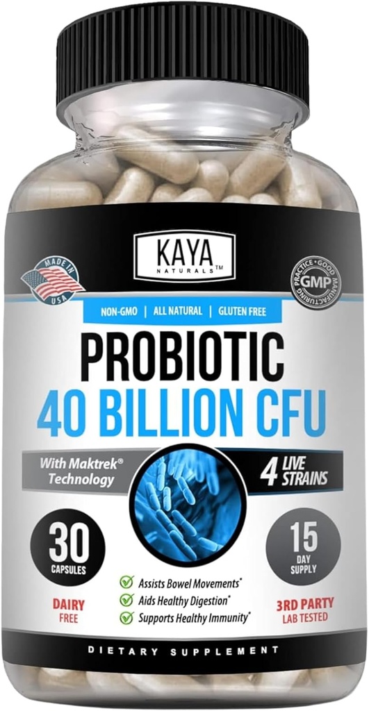 Kaya Naturals Probiótico 40 Billones CFU - Probióticos para Mujeres, Probióticos para Hombres y Adultos, Natural - Salud Gut &amp; Apoyo Inmunitario - Promueve Salud Digestiva - 30 Cuenta