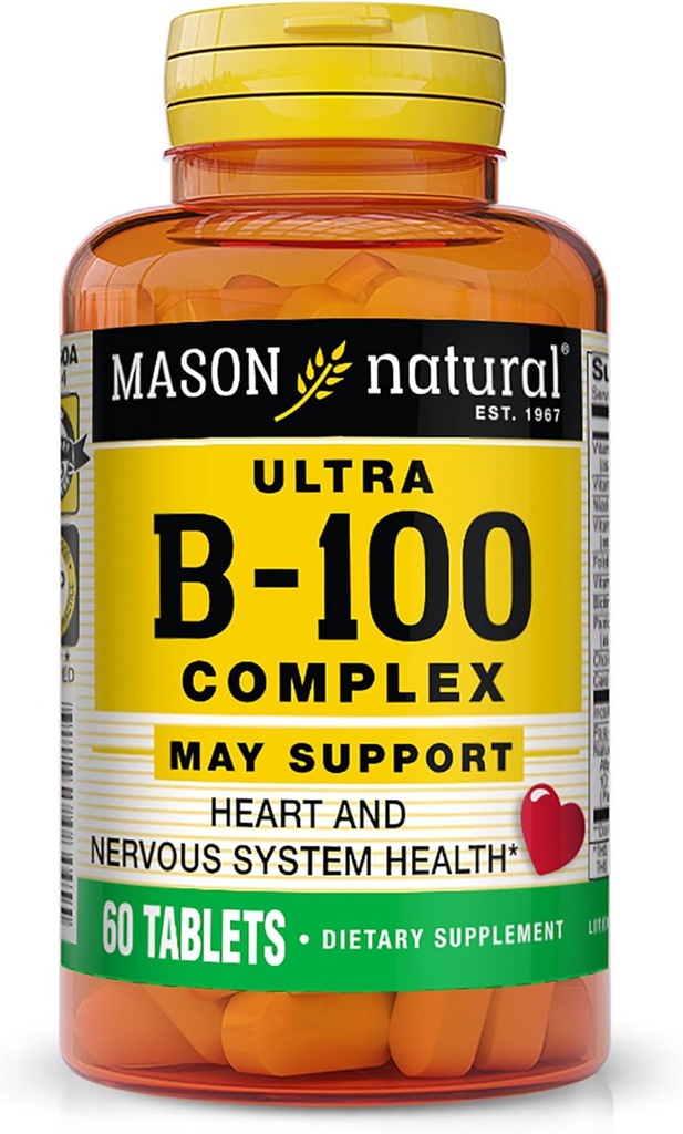 MASON NATURAL Ultra B-100 Complejo - Corazón saludable y sistema nervioso, mejora la función inmunitaria y el metabolismo energético, 60 tabletas