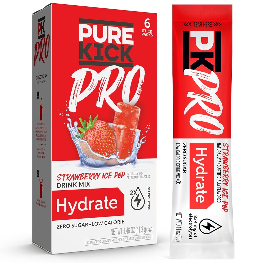 PURE KICK PRO Hydration Electrolyte Drink Mix, Strawberry Ice Pop, Incluye 1 Caja con 6 Packets en cada caja