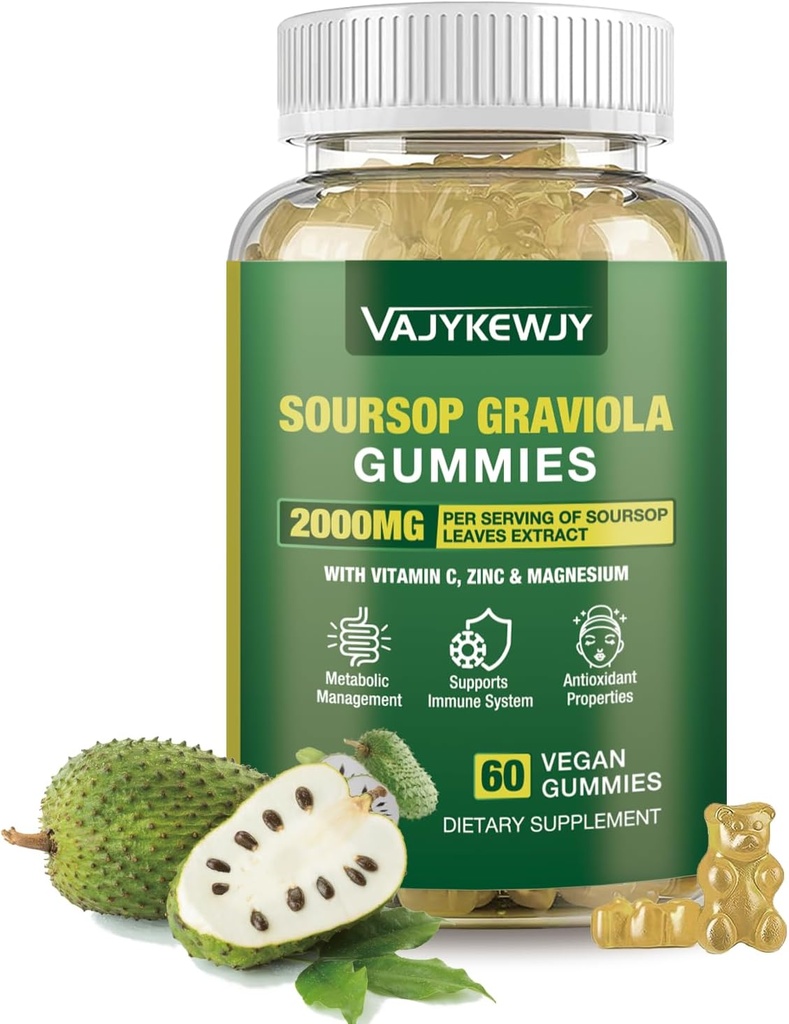 Soursop Graviola Gummies - 2000mg Extra Strength Soursop Leaves Extract, Vitamina C, Zinc &amp; Whole Natural Food for Immunity, Vegan, 60 Gummies