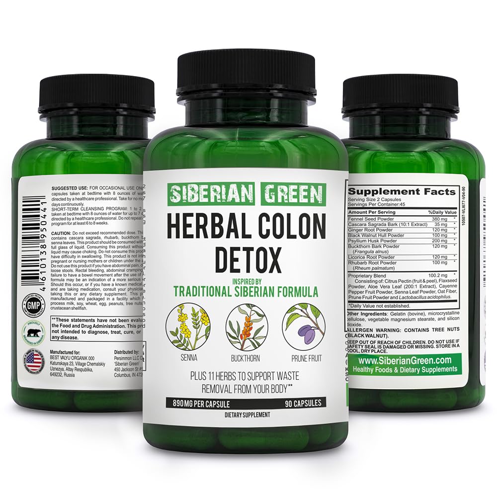 Siberian Green Herbal Colon Detox con Senna Buckthorn Prune Fruit 90 cápsulas – Fórmula Siberiana tradicional 14 hierbas " Probiótico para limpiar el colon y el cuerpo de desintoxicación
