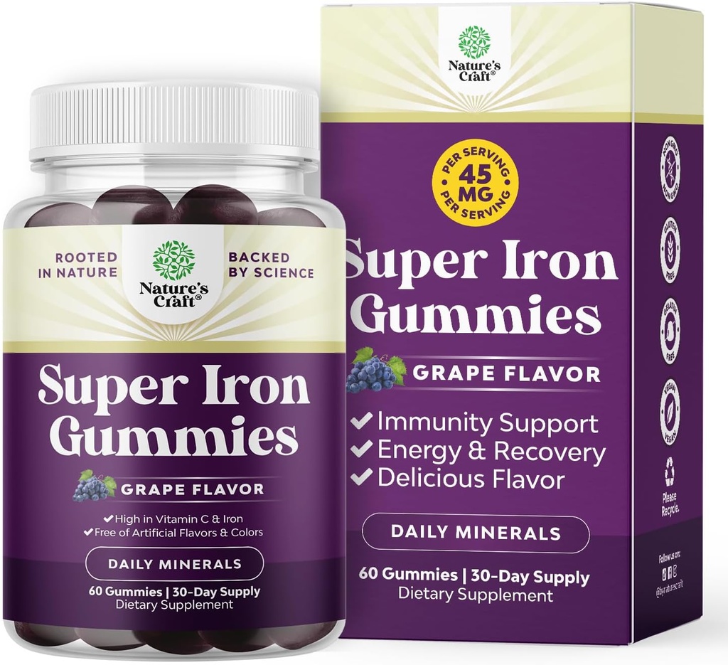 Gummies de Hierro Extrastreza para Mujeres y Hombres - Potente 45 mg por Servir Suplemento Chewable para Mujeres y Hombres con Vitamina C para la Absorción Superior - Vegan Daily Iron Gummy Sin Sabores Artificiales