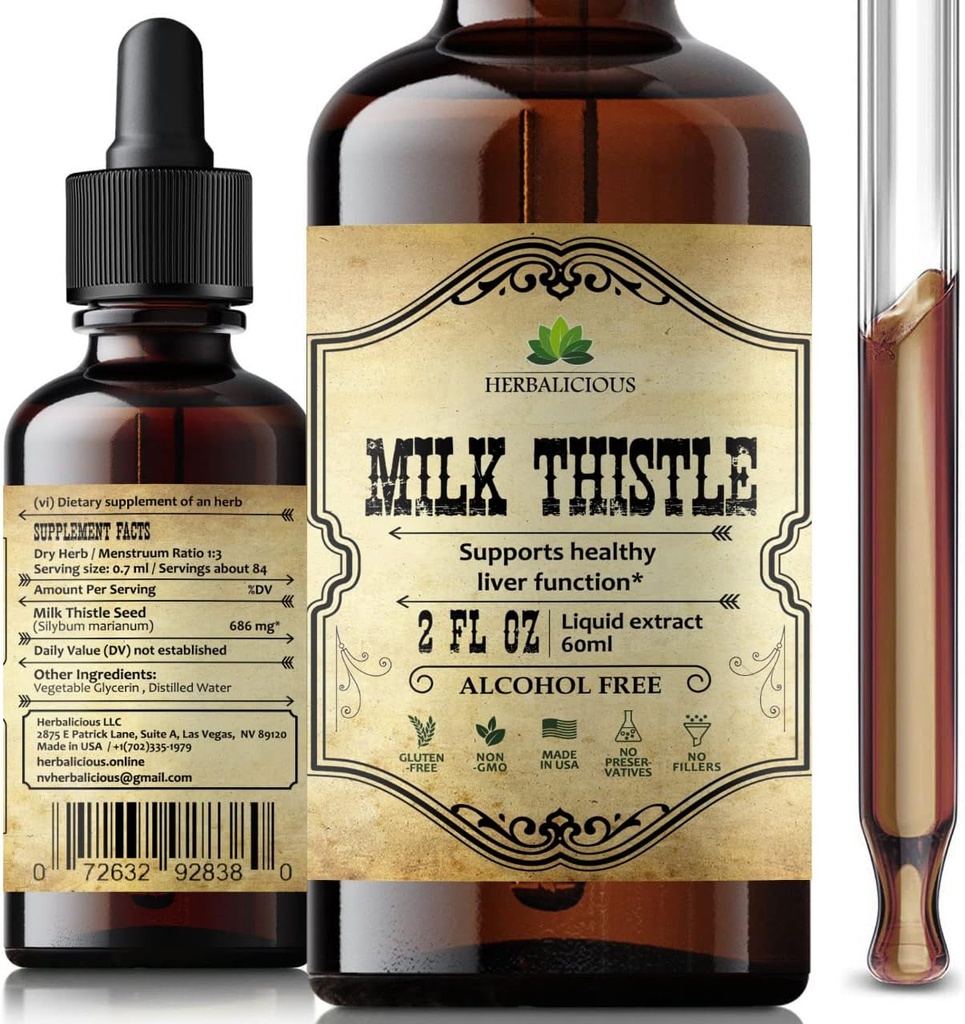 Extracto de esteto de leche HERBALICIOUS - Suplemento de limpieza y desintoxicación natural para soporte de hígado, sistema inmunológico y salud de la piel - Silymarin Suplemento nutricional - 2 fl Oz