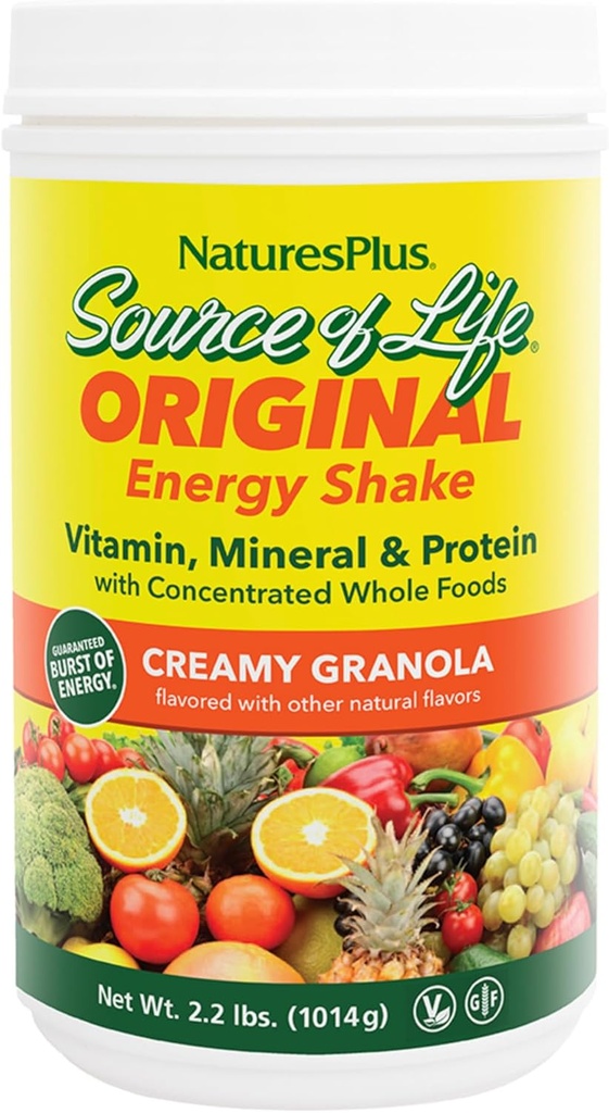 NaturesPlus Source of Life Energy Shake - 2.2 lbs Multivitamin, Mineral & Protein Powder - Granola Flavor - Whole Food Meal Replacement - Non-GMO, Vegetarian, Gluten-Free - 26 Servings