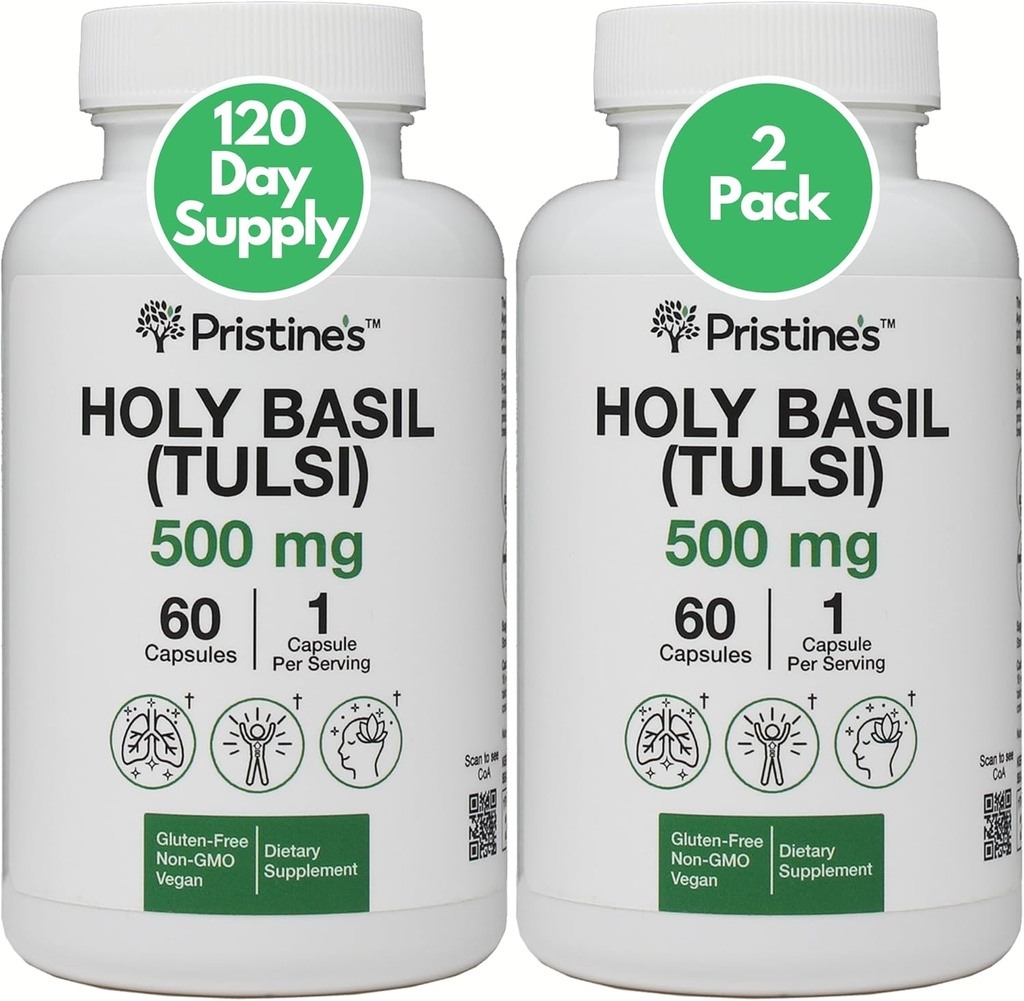 Base Santa de PRISTINE (Tulsi) 500 mg (2 Pack) Relajación &amp; Inmunity Support Adaptogen Suplemento - 120 Day Supply - Holy Basil Leaf Capsules - Vegan - Non-GMO - Gluten Free Supplements