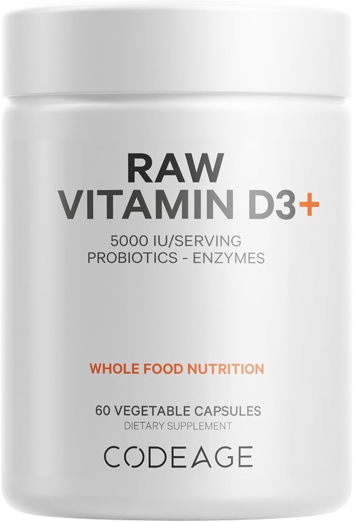 Codeage Raw Vitamin D3+ High Potency 5000 IU Suplemento de Saccharomyces Cerevisiae - Raw Vitamina, Probiotics, Digestive Enzymes, Fruits & Greens - 2-Month Supply - 60 cápsulas